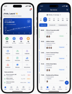 Aplicación móvil para la gestión de empresas de limpieza profesional con planificación de servicios, control de empleados, gestión de clientes, facturación y seguimiento de tareas en tiempo real.